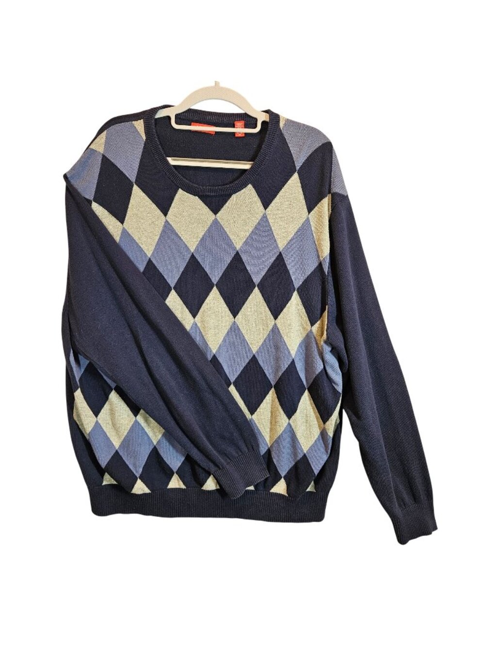 Izod Mens X-Large Argyle Knit Sweater Navy Blue/Gray Cotton retro hipster Dad